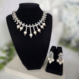 Silver Art Deco Style Necklace and Earrings Set with Pearls and CZ Rhinestones